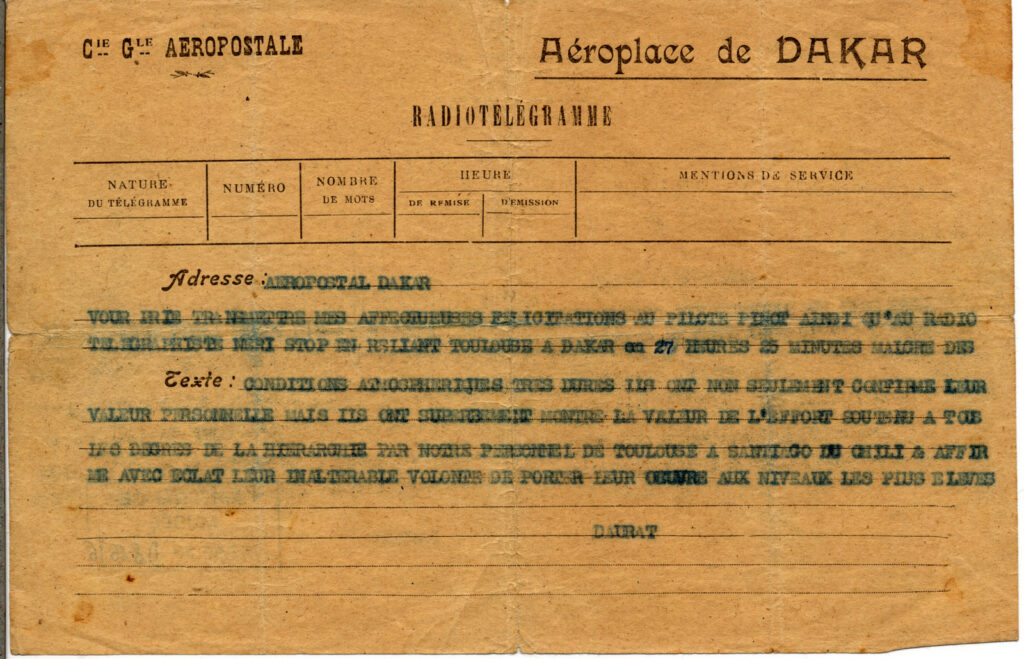 Compagnie générale Aéropostale télégramme reçu par Jacques Néri sans doute février Mars 1931 battant le record Negrin - Mermoz